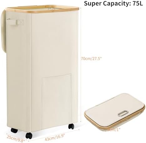 Laundry Basket with Wheels, Dirty Clothes Hamper on Wheels, Rolling Tall Laundry Hamper with lid for Laundry Room, Dorm and Bathroom, 75L Beige - Image 2