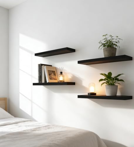 17 Inch Rustic Wood Floating Shelves Farmhouse Wooden Wall Shelves for Bathroom Bedroom Living Room Kitchen Office Set of 6 Black - Image 5