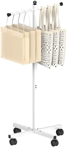 43-49 Inch Adjustable Shopping Bag Rack with Wheel, Heavy Duty Metal T-shaped Grocery Bag Holder for Retail Stores, Large Bag Display Stand for Malls,Vendor,Boutique,Trade Show, 2 Arms,White by Ansionsol