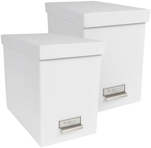 Bigso John Fiberboard Label Frame Desktop File Storage Box - Document Organizer for Important Paperwork - Durable Hanging File Box with Lid & Metal Label Window - 7.36 x 13.38 x 10.51 in - White - 2pk by Bigso