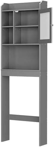 SUPER DEAL Over The Toilet Bathroom Storage Cabinet Freestanding Wooden Bathroom Organizer with Adjustable Shelves and Glass Door, Gray - Image 7