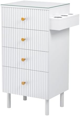 OmySalon Salon Station, Barber Station for Stylist, Hair Storage Cabinet with Glass Top & 4 Drawers & 3 Heat Resistant Tool Holders, For Beauty Spa, Salon, White by OmySalon