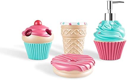 Bathroom Accessories Sets Organizer Complete with Milkshake Lotion/Soap Dispenser,Egg Tube Bath Cup/Tumbler,Donut Soap Dish,Cake Toothbrush Holder for Kids Bath Decor (Pink) by YangShiMoeed