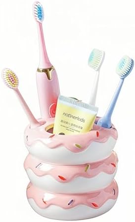 Donut Ceramic Toothbrush Holder, 5-Slot Toothbrush and Toothpaste Holder Cute Toothbrush Holder Set, Bathroom Storage Rack Suitable for Electric Toothbrushes, Toothpaste, Dental Floss (Pink) by Unknown