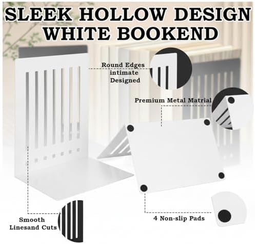 4 Pcs 10 Inch Heavy Duty Bookends Non-Skid Base, White - Image 6