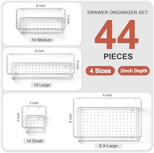 44 Pcs Makeup Drawer Organizer Set, 4 Sizes Versatile Vanity Drawer Organizer for Makeup, Non-Slip Desk Organizer Trays for Bathroom, Bedroom, Office, Fits Jewelry and Office Supplies - Image 2