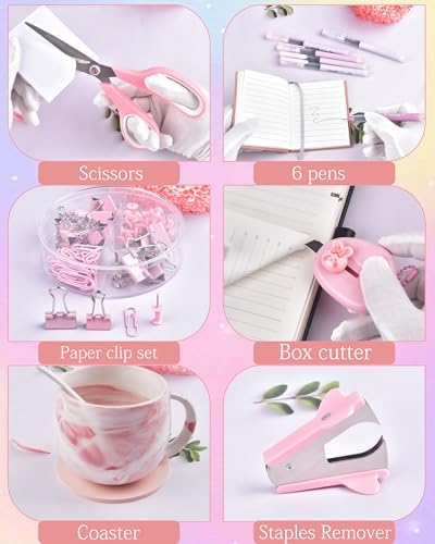 Pink Desk Accessories and Organizers with Desk Organizer and 360°Rotating Pen Holder stapler Pen and a Lot of Office Pink Office Supplies Beautifully Presented in a Gift Box - Image 4