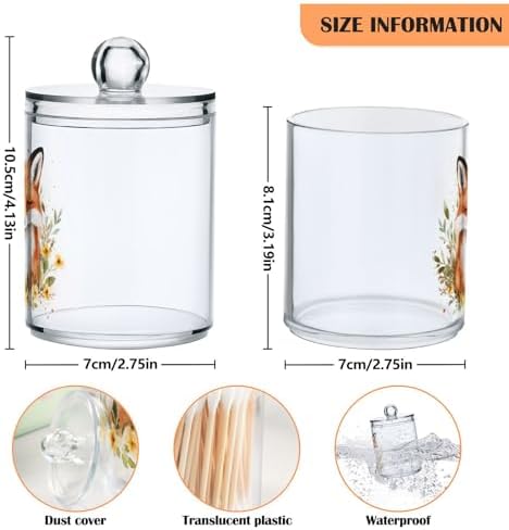 Fustylead 4 Pack Watercolor Cute Fox with Flower Design Plastic Apothecary Jar Set for Cotton Swab, Ball, Pad, Floss, Qtip Holder Dispensers for Bathroom Storage Organizer - Image 2