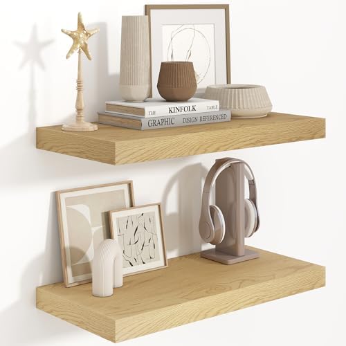 Fun Memories Floating Shelves 24 Inch Long, 9.3 Inch Deep Floating Shelf for Lving Room, Bedoom, Kitchen, Deep Wall Shelves for Bathroom, 2 Pack Storage Display Shelf for Books, Decors, Oak by FunMemories