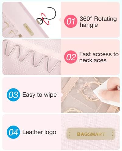 BAGSMART Hanging Jewelry Organizer Necklace/Earring/Ring 2-Sided L Pink - Image 4