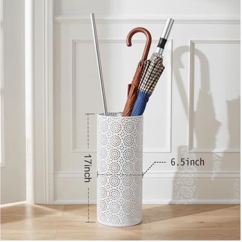 BEWBBAT Umbrella Stand Rack for Entryway, Free Standing Metal Umbrella Holder, Round Umbrella Organizer Bin with 3 Hooks for Long Short Umbrella, Walk Stick, Home Office Indoor, 17 x 7 Inch, White - Image 2