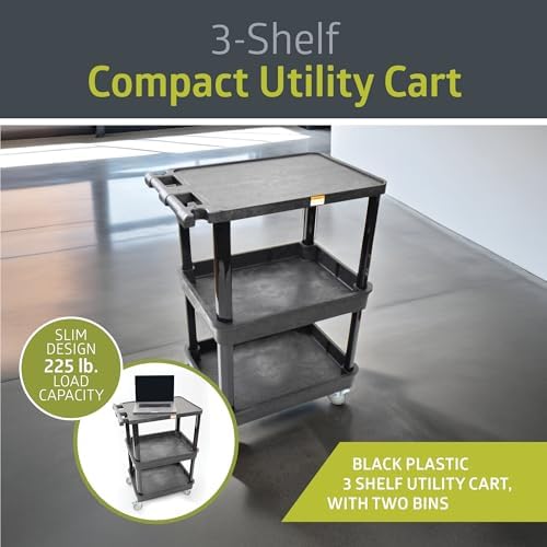 Pearington 3-Shelf Multipurpose Mobile Utility Cart with 2 Bins and Lockable Wheels, Heavy-Duty Plastic Rolling Presentation Cart for Offices and Warehouses, Black - Image 2