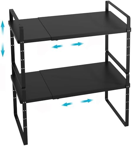 iPEGTOP 2 Pack Expandable Cabinet Storage Shelf Organizer Rack, Heavy Duty Steel Metal Spice Rack Adjustable Height Office Garage Pantry Shelf Space Riser for Counter Kitchen Organization, Black by iPEGTOP