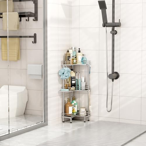 HapiRm Standing Corner Shower Caddy - 3 Tier Shower Shelf Corner with Soap Holder, Rustproof Bathroom Standing Organizer with 4 Hooks, Silver - Image 6