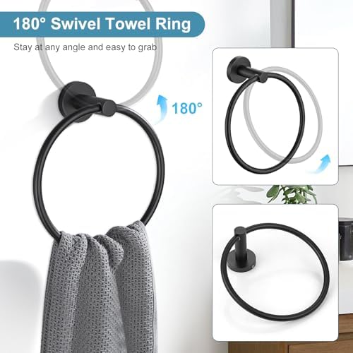TQKAG Matte Black Bathroom Hardware Set 5 Pieces, SUS304 Stainless Steel Towel Bar Set Round Bathroom Towel Rack Set Wall Mounted - Image 5