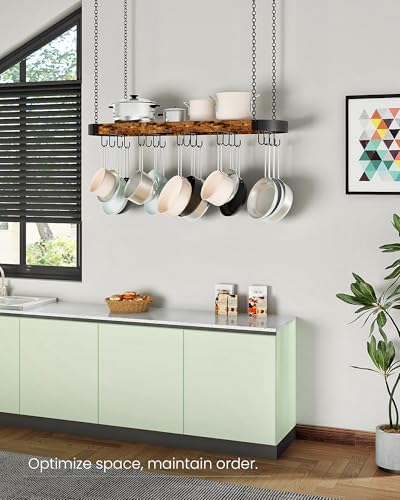 CHOEZON 39.4-Inch Hanging Pot Rack, Space-Saving Pot Hanger for Kitchen, Ceiling Pan Hanging Rack with 16 Detachable S Hooks, Sturdy Metal Frame, Industrial Style, Rustic Brown and Black TPR10BF - Image 4