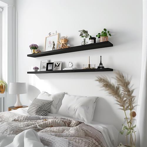 YYWUOJJ Wood Floating Shelves for Wall Decor, Rustic Wall Shelves for Bedroom Bathroom Kitchen Living Room, Set of 4 Black 48 Inch - Image 4