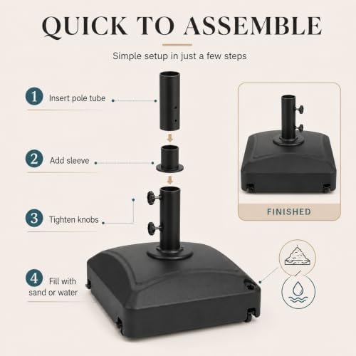 125 Lbs Fillable Mobile Umbrella Base, Heavy Duty Square Stand Built with 4 Rolling Wheels, Stable Outdoor Holder for Patio Deck Lawn and Poolside Market Parasols, Black - Image 4
