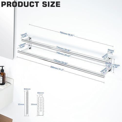 Alise 32 inch Double Towel Bar for Bathroom Wall Mounted, Polished Chrome - Image 2