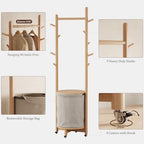 CycleCrew Solid Wood Coat Rack with Fabric Basket - Freestanding Coat Rack Rolling Coat Tree with 9 Hooks Wheels, Small Clothes Rack For Entryway Bedroom Hallway Living Room - Image 4