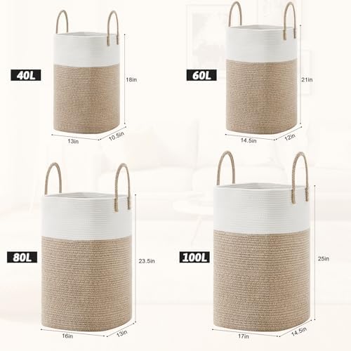 Laundry Basket,Woven Cotton Rope Laundry Hamper,Versatile Storage for Dirty Clothes,Baby Toys,and Blankets in Bathroom, Nursery,and Living Room (Brown, 100L) - Image 3