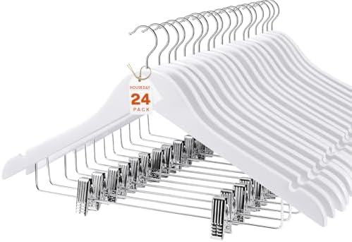 HOUSE DAY Wooden Hangers with Clips 24 Pack, Suit and Pants Hangers, White by HOUSEDAY