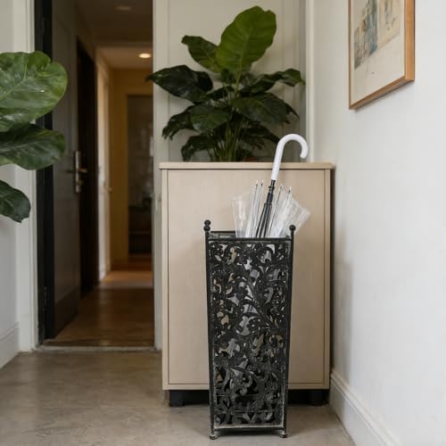 Vintage Black Metal Umbrella Holder with Ornate Cutout Pattern Antique Decorative Umbrella Stand with Detachable Drip Tray for Entryway Storage Umbrellas Canes & Walking Sticks (Black) - Image 5