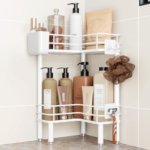 Orimade Rustproof 2 Tier Floor Standing Corner Shower Caddy Organizer with Toothbrush Holder, Large Spacing Floor Shower Shelf Rack Storage Stands with Hooks for Bathroom Kitchen, White by Orimade