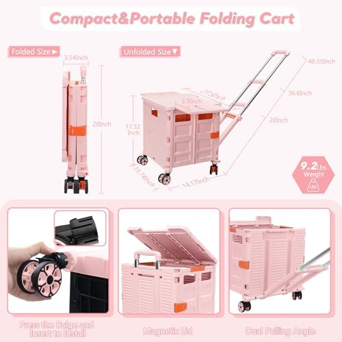 FELICON SELORSS Folding Utility Cart Portable Rolling Crate Handcart-Pink - Image 6