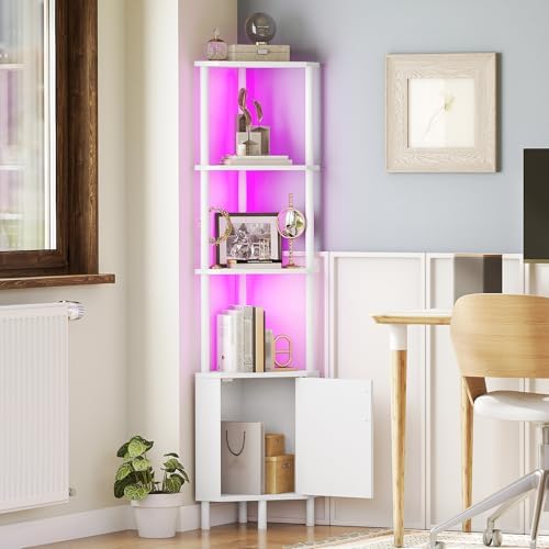 HOOBRO Corner Cabinet with LED Light, Corner Shelf Stand with Storage and Doors, 5-Tier Industrial Corner Bookshelf, 59” Tall Display Rack Shelf, for Living Room, Kitchen, White WT147DCJ01 - Image 4