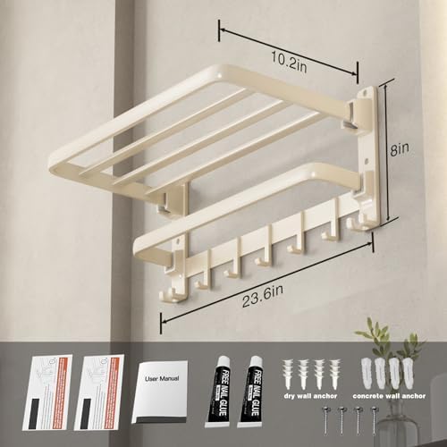 VOLDRA Towel Racks for Bathroom, 24-Inch Towel Shelf with Towel Bar Foldable Towel Holder with 7 Hooks Towel Storage Organizer for Bathroom & Lavatory Wall Mounted(Cream White) - Image 6