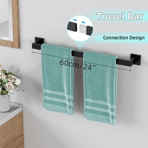 5-Pieces Matte Black Bathroom Hardware Accessories Set, 24 Inch Stainless Steel Towel Racks for Bathroom, Towel Bar Set Towel Ring Coat Hook and Toilet Paper Holder with Shelf Wall Mounted - Image 2