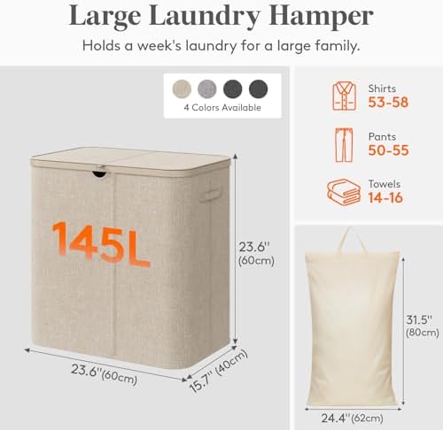 Lifewit 145L Large Laundry Basket with Lid, Laundry Hamper with Plastic Handles and Removable Bag, Foldable Tall Dirty Clothes Hampers for Laundry for Laundry Room, Bedroom, Bathroom, Dorm, Beige - Image 2
