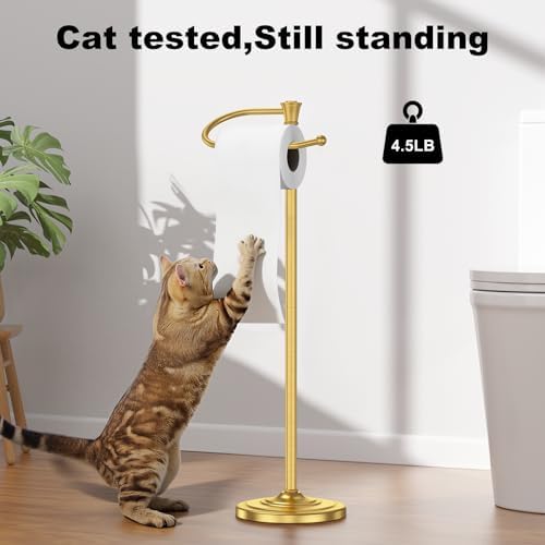 Toilet Paper Holder Free Standing, 25” H Stainless Steel Brass Gold Toilet Paper Stand, Weighted Base Floor Tissue Roll Holder for Bathroom,Toilet Roll Stand - Image 2