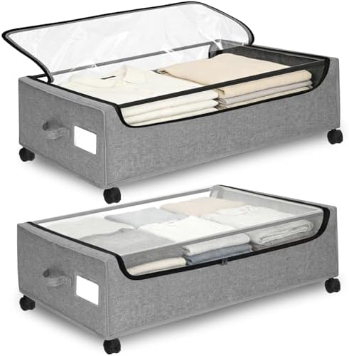 Under Bed Storage with Wheels, 2 Pack Under Bed Storage Containers, 10.6 inches Tall Underbed storage bins on Wheels, Rolling Under the Bed Metal Drawers for Clothes, Blankets, Shoes (XXXL, 90L) by Unknown