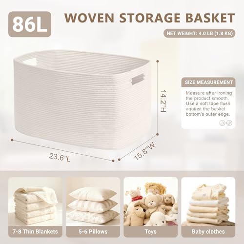 86L Large Woven Laundry Basket Hamper with Handles, White - Image 2
