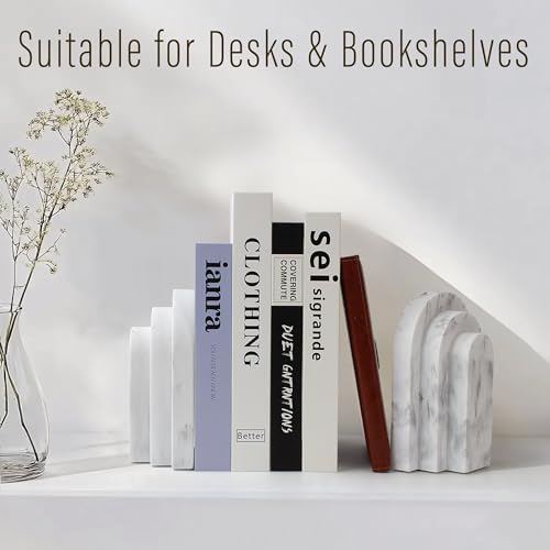 LIN CHUAN Heavy Duty Bookends for Shelves, Set of 2, Marble White Look - Image 5