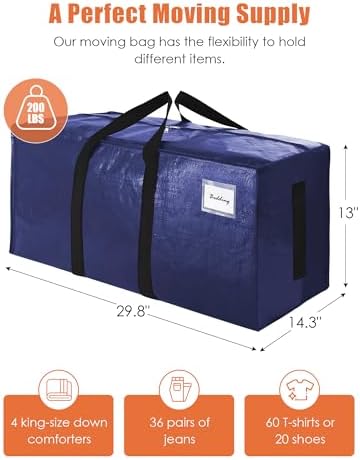 SWEET DOLPHIN 12 Pack 200LB Heavy-Duty Moving Bags with Wrap-Around Handles, Extra Large Storage Totes for Space Saving, Clothes Storage Bags, College Dorm Essentials, Blue, 24 Gal - Image 4