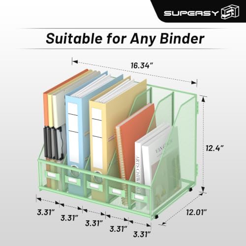SUPEASY Desk Organizers Metal Desk Magazine File Holder with 5 Vertical Compartments Rack File Organizer for Office Desktop, Classroom, Home Workspace, Green, Plus - Image 2