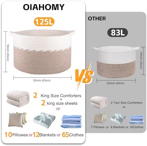 OIAHOMY 125L Extra Large Blanket Basket, Jumbo Cotton Laundry Basket Brown - Image 3