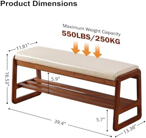 SOBIBO Solid Wood Shoe Bench, 2-Tier Wooden Entryway Bench, Modern Shoe Rack with Faux Leather Cushion for Hallway, Living Room (Gray, 39.4'') - Image 2