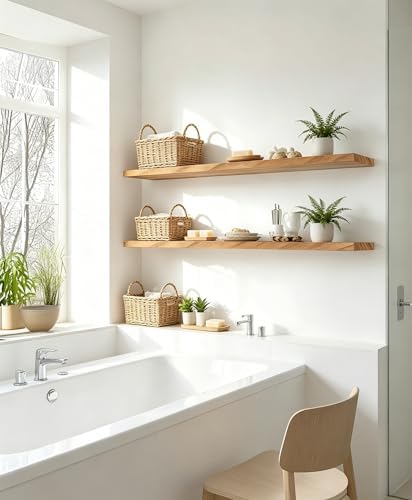 36 Inch Rustic Wood Floating Shelves Farmhouse Wooden Wall Shelves for Bathroom Bedroom Living Room Kitchen Office Set of 4 Light Brown - Image 2