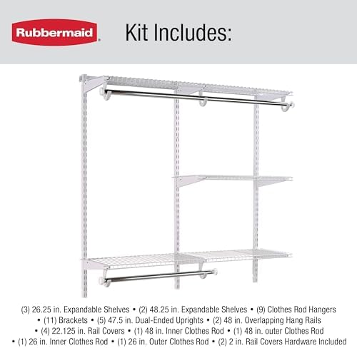 Rubbermaid Configurations Custom Closet Kit 4-8 Ft. Adjustable Metal Wire Shelving White Finish Expandable Organization System Hardware Included for Home Closet/Pantry/Laundry/Mudroom - Image 6