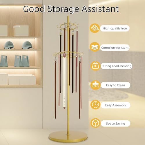 66 Inch Tall Tie Rack Belt Display Shelf, Floor Standing Belt Hanger 2 Tier Retail Scarf Stand Jewelry Necklaces Organizer Shawls Purse Shelf for Clothing Store Home (Gold) - Image 3
