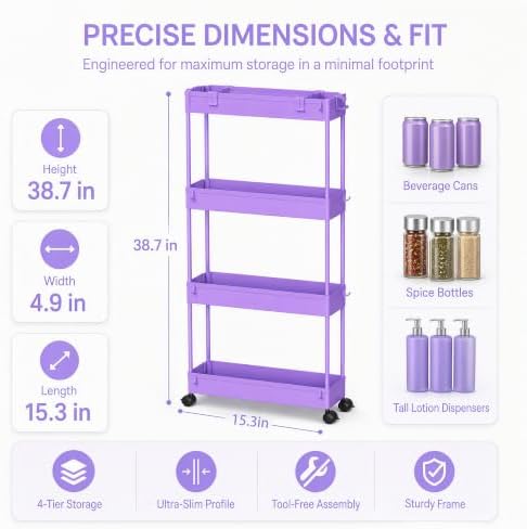 SPACELEAD Slim Storage Cart 3 Tier,Bathroom Organizer Rolling Utility,Mobile Shelving Unit Slide Out for Office, Kitchen, Laundry Room & Narrow Places,Purple - Image 4