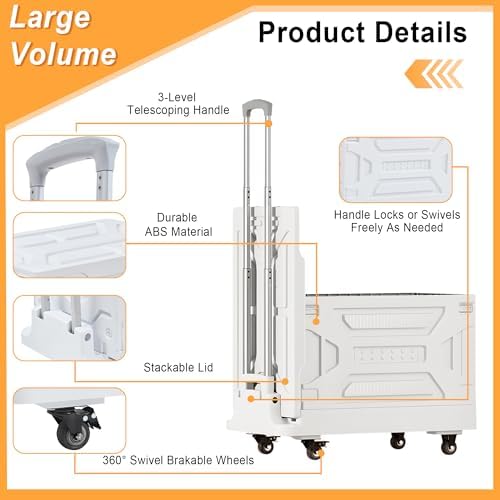 VECELO Foldable Shopping Cart with Wheels, Collapsible Rolling Crate for Groceries, Folding Storage Box with Handle, Three Modes of Use, Ideal for Teacher, Trip, Outdoors, Etc., 23GAL, White - Image 5