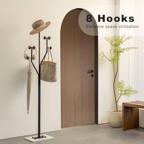 JIAYUEJU Freestanding Coat Rack Marble Base Coat tree Heavy Duty(Black) | Tree-shaped Easy Assembly Space Saver Metal Frame 8 Hooks for Entryway Bedroom Living Room Office Corner - Image 5