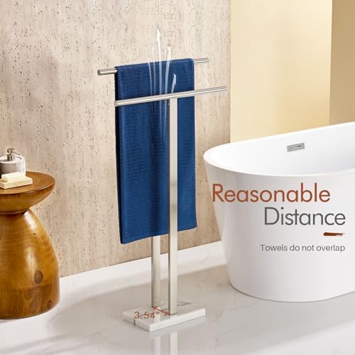 KOKOSIRI Towel Rack Free Standing Brushed Nickel 2-Tier Towel Holder for Bathroom Floor Stand with Heavy Marble Base Thicken Steady Design Stainless Steel THS0005-BR - Image 4