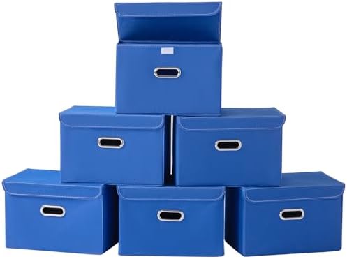 STOREONE Fabric Storage Cube Bins Foldable Organizer Container Collapsible Basket with Lids and Metal Handles, for Home, Bedroom, Closet 6 Pcs (Dark Blue) by STOREONE