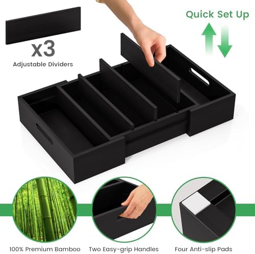 Kiasthome Expandable Bamboo Lid Organizers Inside Cabinet, Kitchen Cabinet Organizers with 3 Adjustable Dividers, Storage Plastic Lids, Food Container Lid Holder Organizer for Drawer Pantry, Black - Image 6